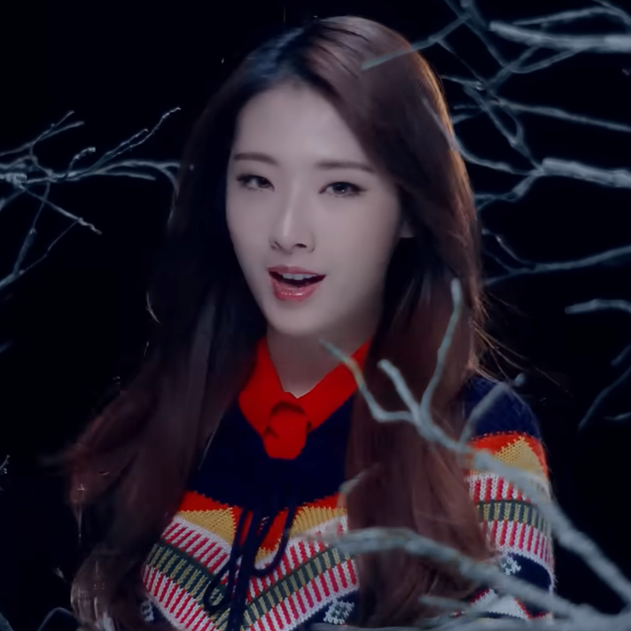 Haseul from the 'Let Me In' music video. She has long brown hair and is wearing a patterned poncho. She is surrounded by branches.